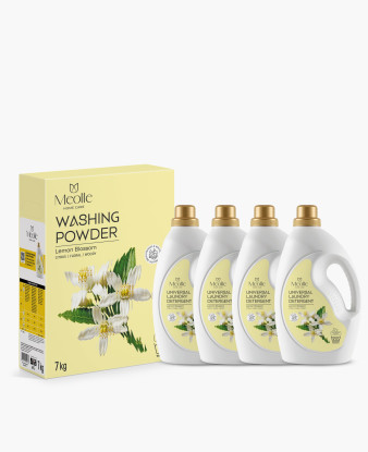 Detergent lichid de rufe Lemon Blossom Set 4 x 3 L lichid + 7 kg pudră, 516 spălări - Family Pack Meolle