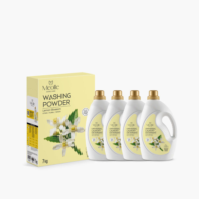 Detergent lichid de rufe Lemon Blossom Set 4 x 3 L lichid + 7 kg pudră, 516 spălări - Family Pack Meolle
